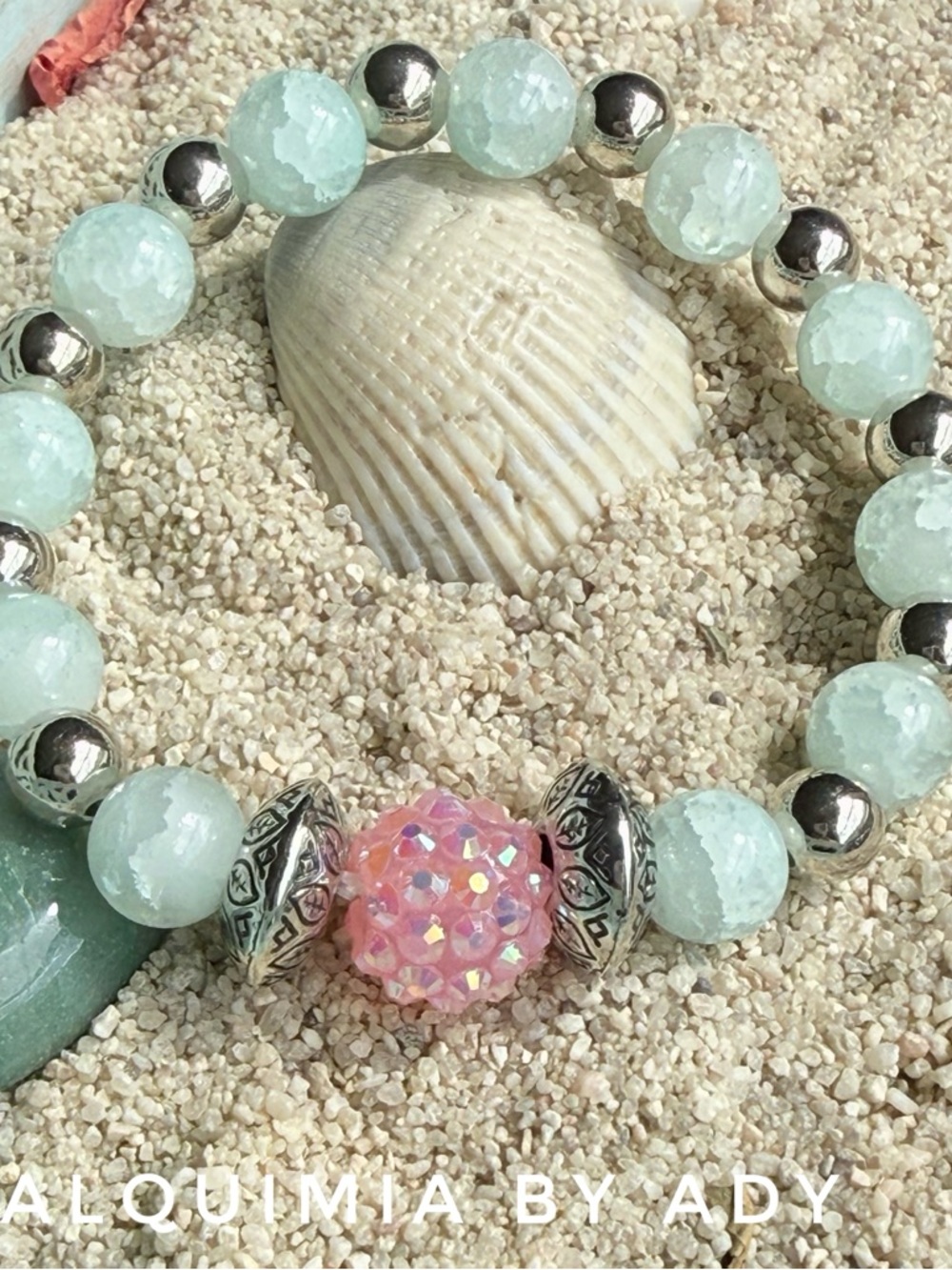 QUARTZ Mint Green Beaded Bracelet with Pink Accent